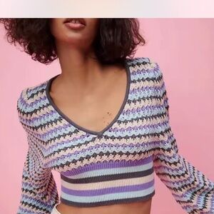 Zara Purple and Blue Ribbed Crop Blouse